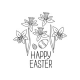 Hand drawn set of doodle Easter design elements. Vector illustration eggs,  narcissus and Happy Easter lettering.  Best for decoration and spring greeting card, print, logo, banner, textile