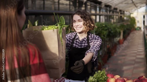 Portrait of european saleswoman wearing apron is giving organic food in brown paper bag to female customer in greenhouse. Cheerful, smillling woman selling organic food from the table. People and photo