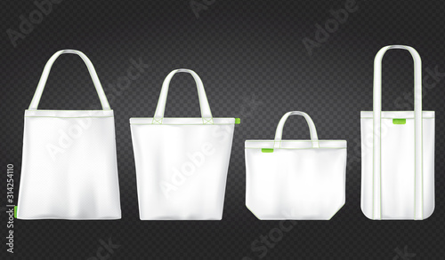 Tote canvas bags for shopping. Vector mockup of realistic white reusable cotton ecobags different shapes with green tag isolated on transparent background. Eco friendly fabric accessory