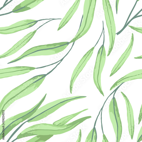 Seamless vector pattern. Green branches of eucalyptus on a white background. Eucalyptus in watercolor. Ideal for paper, gift and textile products. Design greeting cards and wedding invitations,