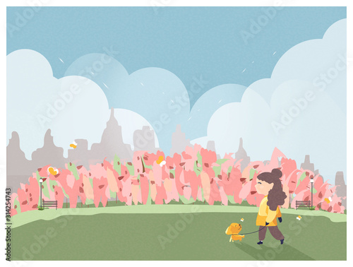 People relaxing in nature in spring or summer time at the park in the city. People outing to the park.Girl take a dog for a walk butterfly and apple flower blossom.People in spring or summer concept.