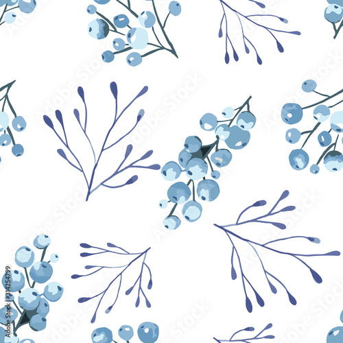 Seamless vector pattern. Berries on blueberry branches on a white background. Blueberries in watercolor. Ideal for paper, gift and textile products. Design greeting cards and wedding invitations,