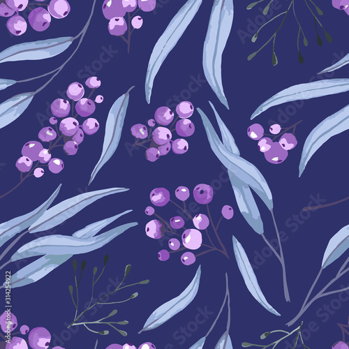Seamless vector pattern. Green branches of eucalyptus and blueberry branches on a dark background. Eucalyptus and blueberries in watercolor. Ideal for paper, gift and textile products.
