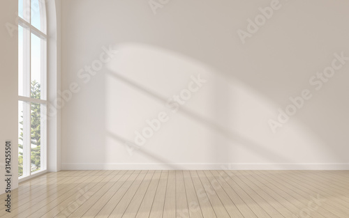 Mock-up of white empty room tihe arch window and wood laminate floor, sun light cast the shadow on the wall,Perspective of minimal inteior design. 3D rendering
