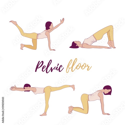 Exercises to strengthen the muscles of the vagina and pelvic floor muscles. Kegel exercises. Vector illustration isolated on white background. Simple line style.