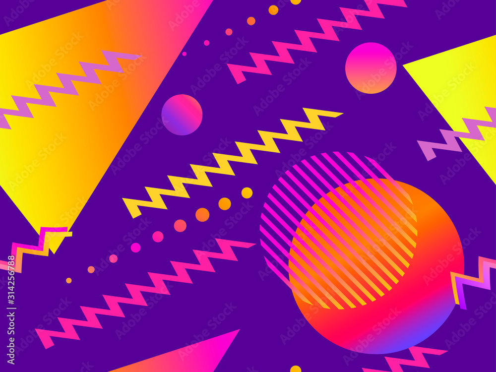 Memphis seamless pattern. Geometric elements memphis in the style of 80s with gradient shapes. Background for brochures, promotional material and wallpaper. Vector illustration Memphis seamless pattern. Geometric elements memphis in the style of 80s with gradient shapes. Background for brochures, promotional material and wallpaper. Vector illustration