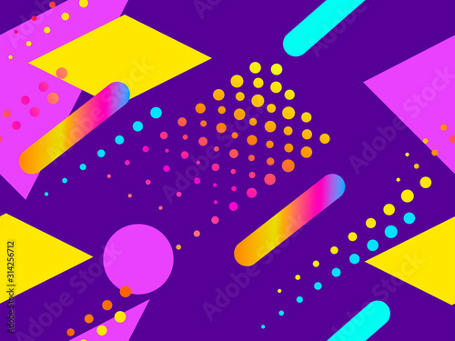Memphis seamless pattern. Geometric elements memphis in the style of 80s with gradient shapes. Background for brochures, promotional material and wallpaper. Vector illustration