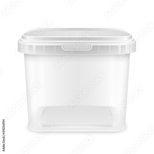 Transparent square empty plastic bucket. Front view mockup illustration.