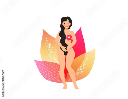 Naked beautiful woman. Ovulation, urinary incontinence vector illustration. Female reproductive, fertility or hormone health concept. Body positive.
