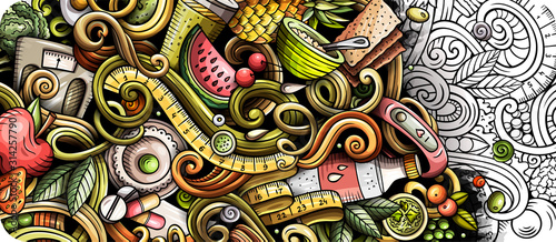 Diet food hand drawn doodle banner. Cartoon detailed flyer.