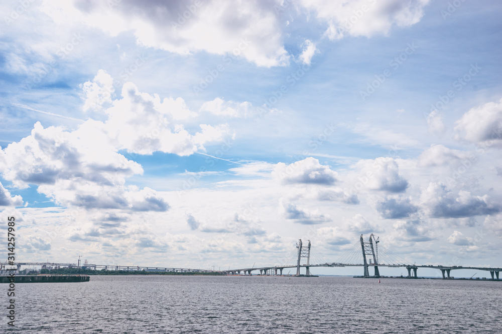 Construction of the new, cable-stayed bridge on a Neva river in Peteresburg, Russia.