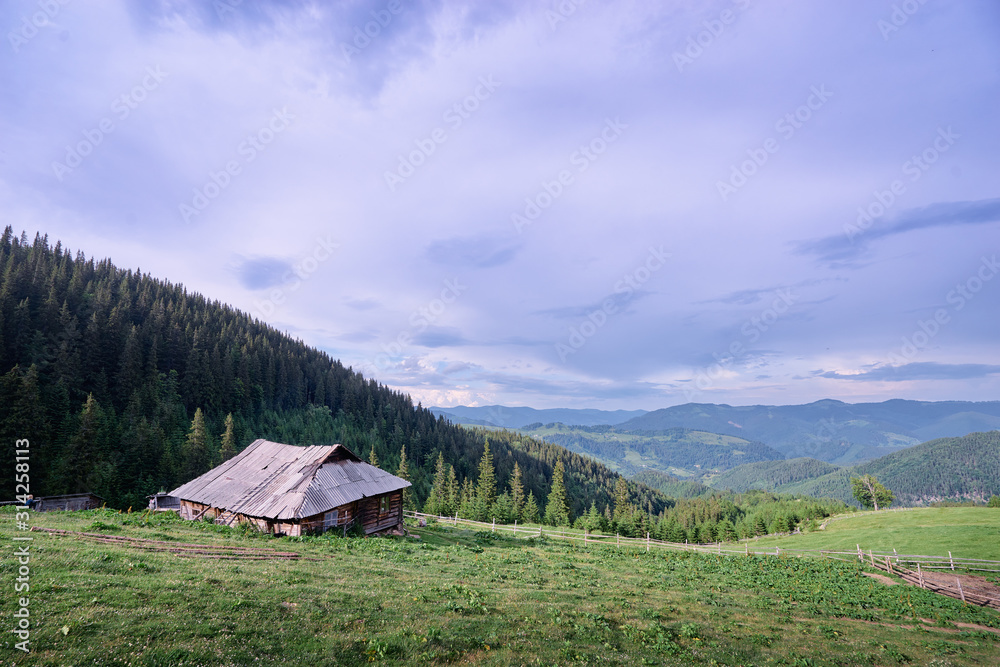 Beautiful mountains landscape with green meadow and wooden house. Carpathians, Ukraine.