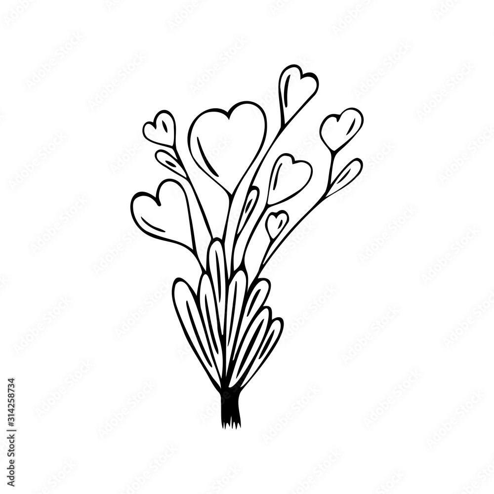 Festive cute bouquet of hearts on a white isolated background. Decorative element for Valentine's day. Doodle, simple outline illustration.