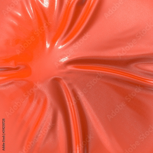 Abstract and shiny red luxury silk cloth in shape of liquid wave with folds. Satin or velvet material background in popular Lush Lava color. 3d illustration