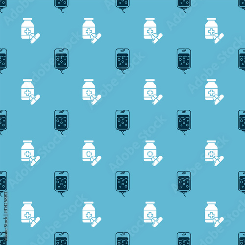 Set IV bag and Medicine bottle and pills on seamless pattern. Vector