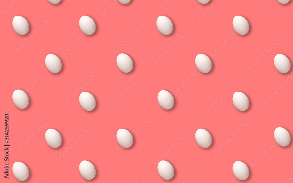 lots of white eggs on a pink background. Flat lay. Top view. Happy Easter concept
