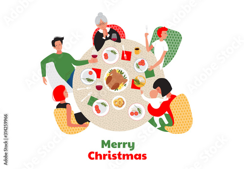 Christmas or New Year dinner. Family around the the table. Christmas dish dinner design for cards, prints, invitations. Vector illustration.