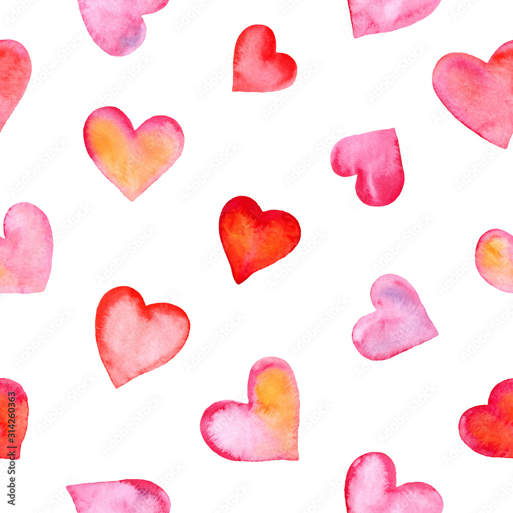 Seamless pattern of hand drawn watercolor hearts.