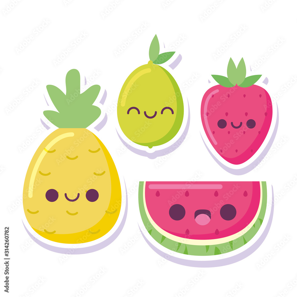 kawaii lemon pineapple watermelon and strawberry cartoon vector design kawaii lemon pineapple watermelon and strawberry cartoon vector design