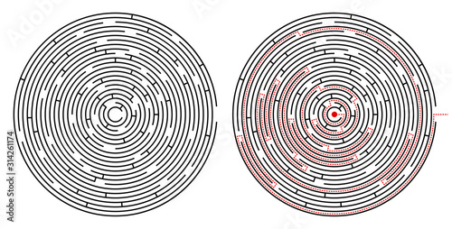 Radial labyrinth maze vector design, children game to play, find way out.