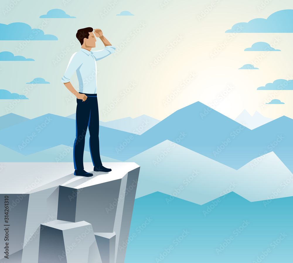 Businessman looking for opportunities standing on top peak of mountain business concept vector illustration, successful young handsome business man searches new perspectives. Businessman looking for opportunities standing on top peak of mountain business concept vector illustration, successful young handsome business man searches new perspectives.