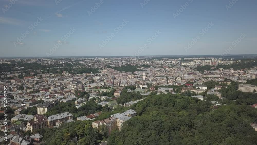 Lviv, Ukraine - 7 7 2019:Panorama of the central part of the city with a quadrocopter. Aerial drone of tourist attractions. Great weekend break. Former territory of Poland and Austria-Hungary.