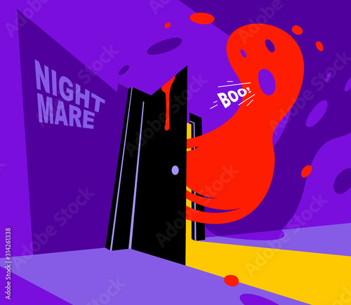 Nightmare monster comes into dark room bedroom vector stylish illustration, funny cartoon ghost creature frightening looking inside, horror theme drawing.