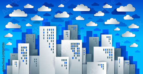 City houses buildings paper cut cartoon kids game style vector illustration, modern minimal design of cute cityscape, urban life, clouds in the sky.