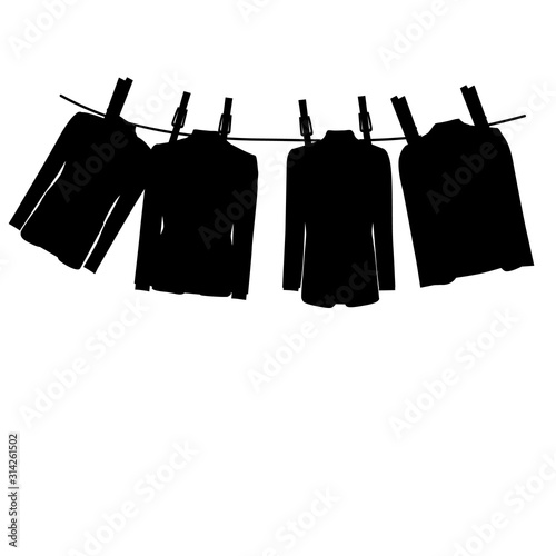 vector, isolated, silhouette men`s clothes hanging on a rope