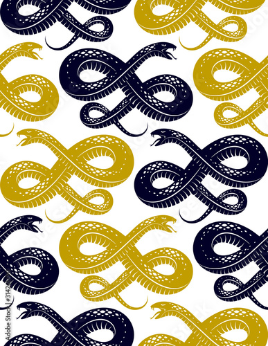 Repeat snakes seamless vector pattern, tiling endless background with venom reptiles in vintage style, subculture rock n roll and hard rock theme.