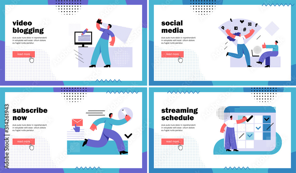 Blogging landing page set. Video blogging, Subscribe now, Social media, Streaming schedule. Flat Vector Illustration Blogging landing page set. Video blogging, Subscribe now, Social media, Streaming schedule. Flat Vector Illustration