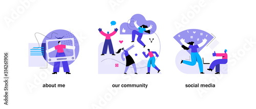 Blogging concepts set. About me, Our community, Social media. Mobile app page set templates. Flat Vector Illustration