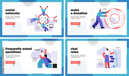 Blogging landing page set. Social networks, Make a donation, Frequently asked questions, Chat rules. Flat Vector Illustration
