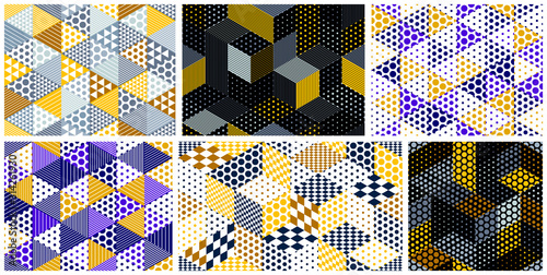 3D dotted cubes seamless patterns vector backgrounds set, dots dimensional blocks, architecture and construction, geometric designs.
