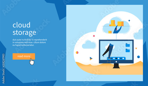 Cloud storage banner. Man puts boxes in the cloud. Flat Vector Illustration