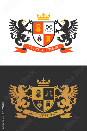 Coat of the arms. Two griffons hold a shield. Color and two-tone versions. Vintage design heraldic symbols and elements
