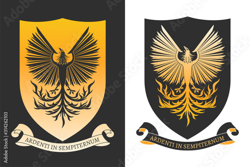 Coat of the arms. Burning phoenix on the shield. Color and two-tone versions. Vintage design heraldic symbols and elements