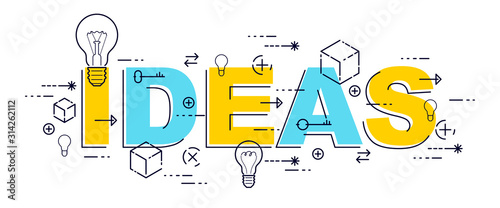 Ideas word with light bulbs, creative ideas concept, vector design.