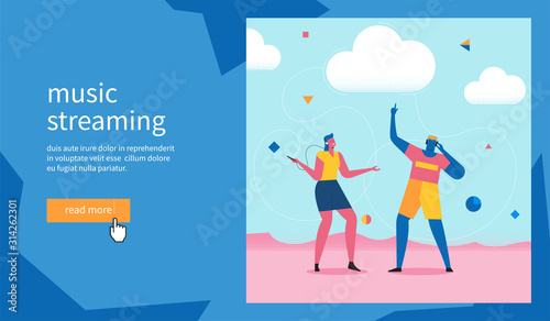 Streaming music banner. Man and woman dance to music. Flat Vector Illustration