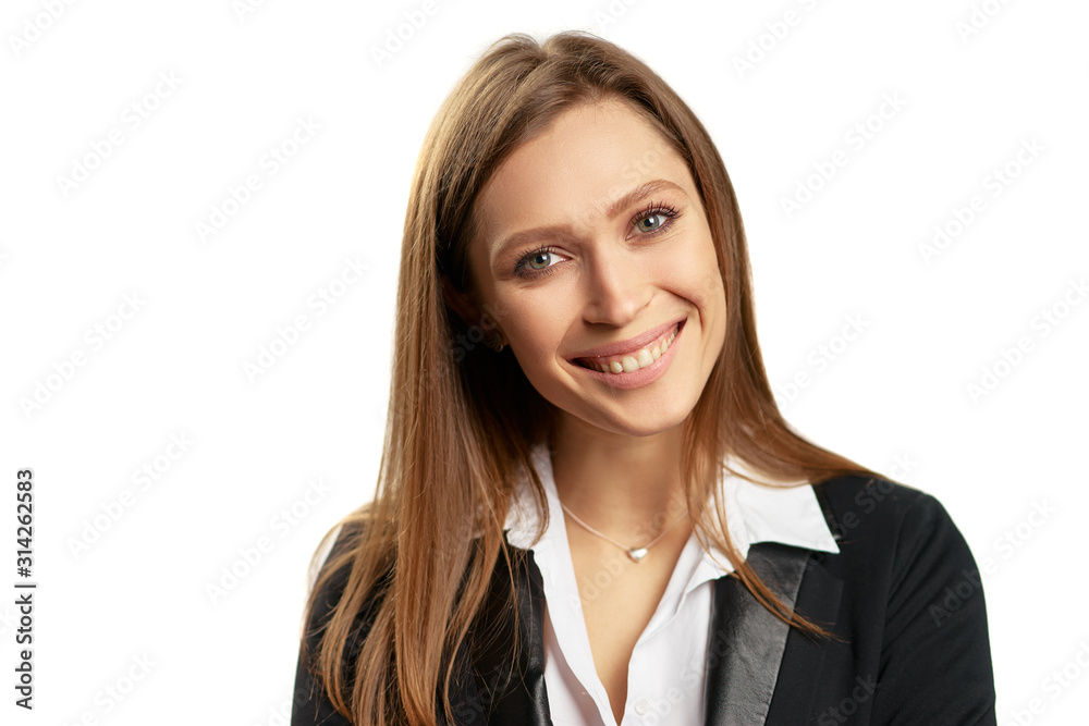 Confidence and charisma. Young business woman in suit  looking at camera isolated on white background.