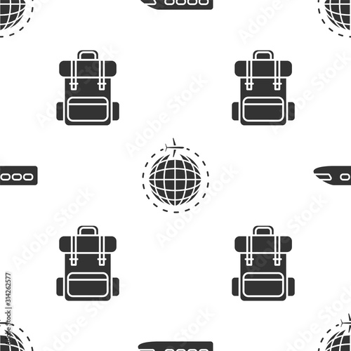 Set Train, Globe with flying plane and Hiking backpack on seamless pattern. Vector