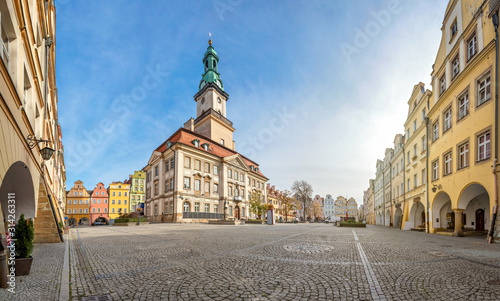 Jelenia Gora, Poland. View of Market square (Rynek Jeleniogorski) with historic building of Town Hall