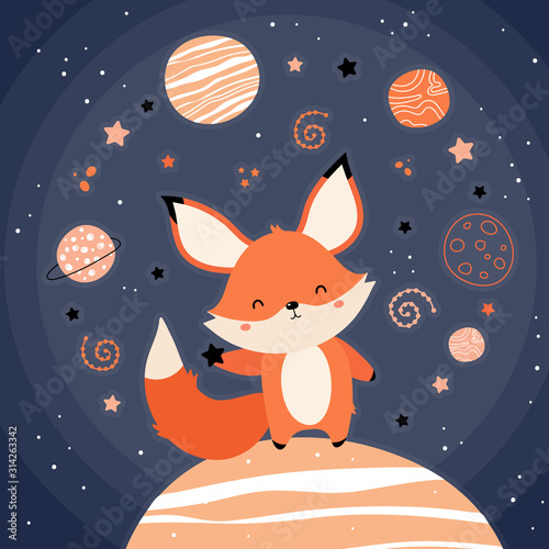 Cute red fox in space. The fox on the planet rides the stars. Stars, planets, constellations, comets. Vector illustration in a children's style. Print on postcard, poster, clothes.