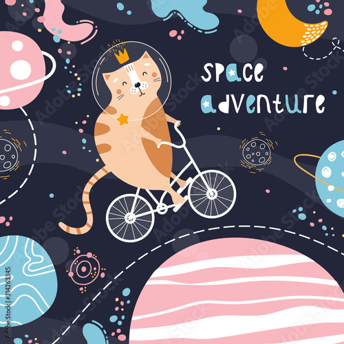 Cute red cat on a bicycle in space. Space adventure. Vector children's illustration. Stars, planets, the Milky Way, the month. Poster, postcard, clothing.