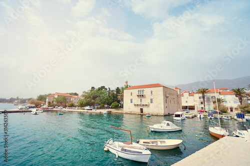 Kastel coast in Dalmatia Croatia. A famous tourist destination on the Adriatic sea. Old town and marina.