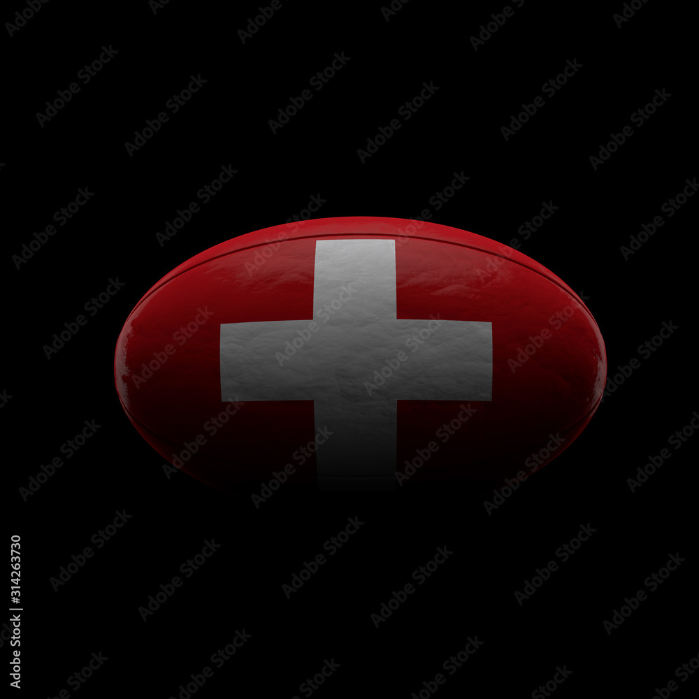 Obraz premium Switzerland flag rugby ball against black background. 3D Rendering