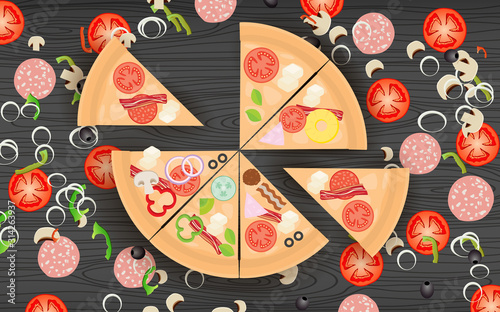 Fototapeta pizza i składniki na drewnianym stole
