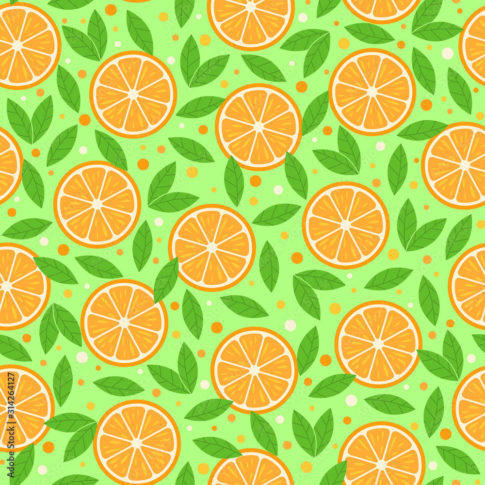 Seamless pattern. Natural fruit. Sliced oranges with leaves