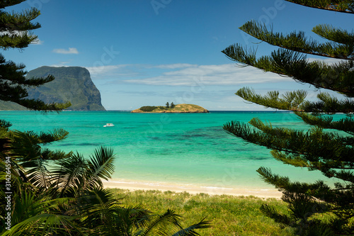 Lord Howe Island beach with pristine turquise water and coral reefs Tasman Sea.
