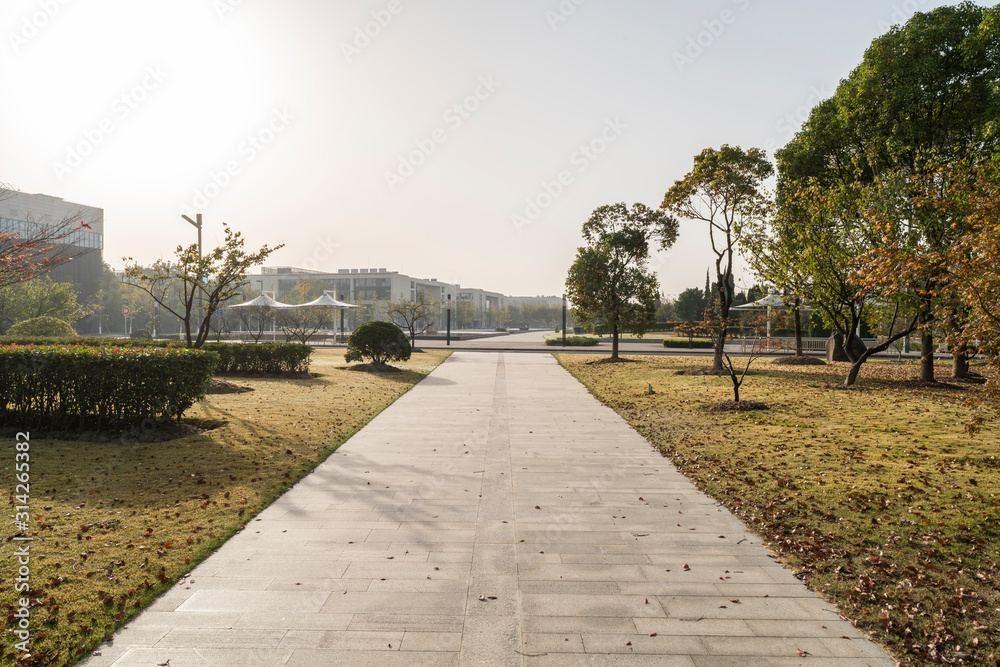 Modern business office area at sunrise